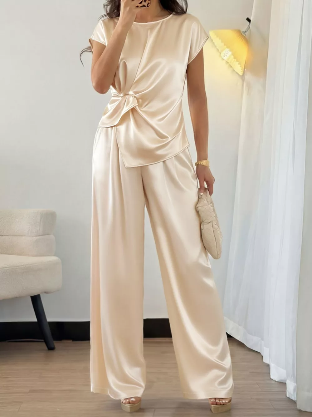 Satin Twist-Front Top and Wide-Leg Pants Set, image 5