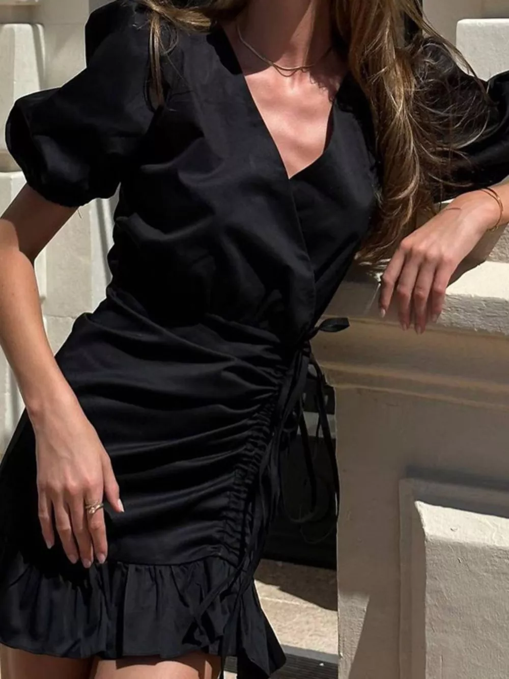 Ruffled Hem Ruched Puff Sleeve Mini Dress, image 7