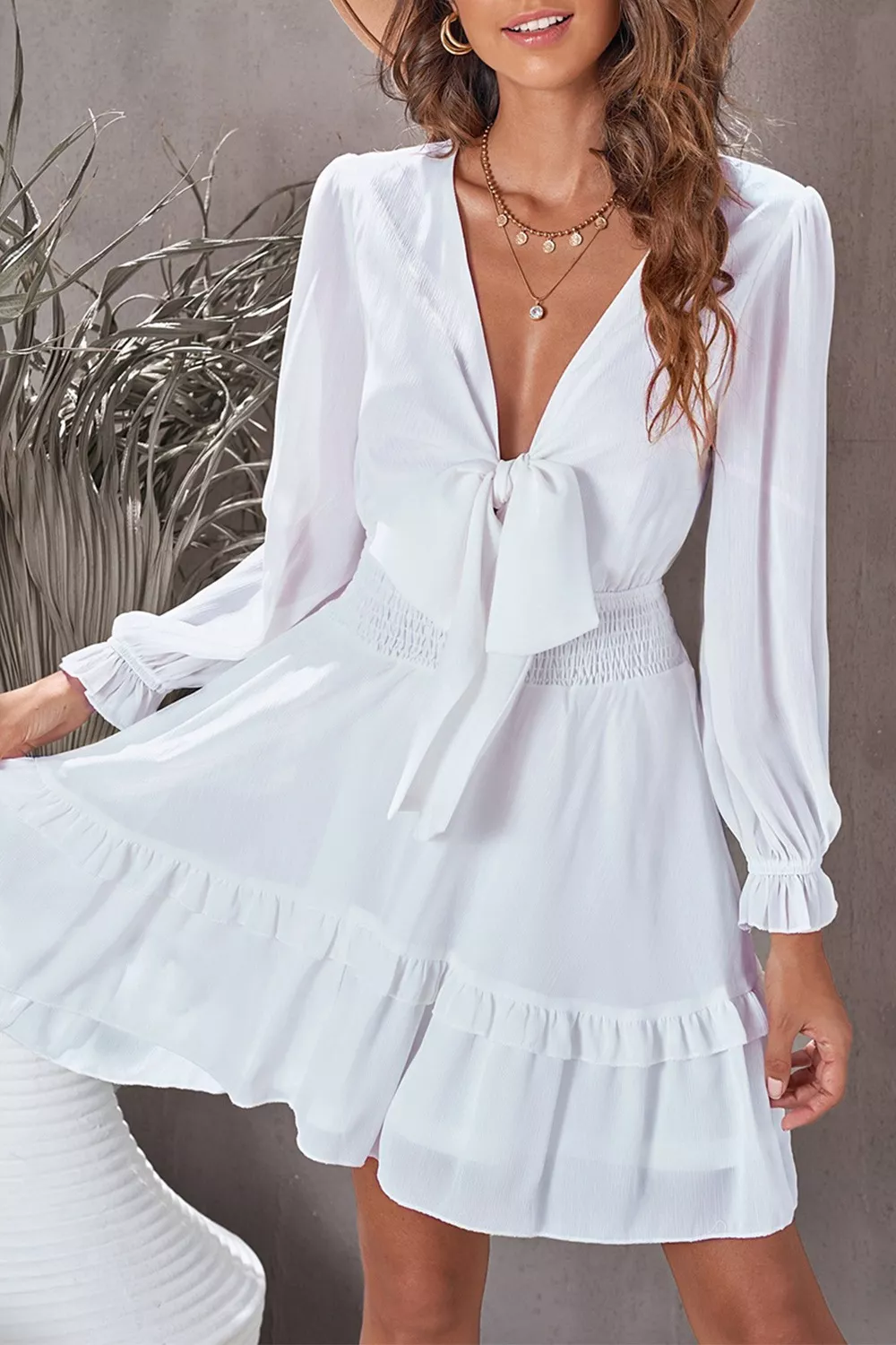 Elegant Tie-Front Ruffle Mini Dress with Smocked Wiast, image 22