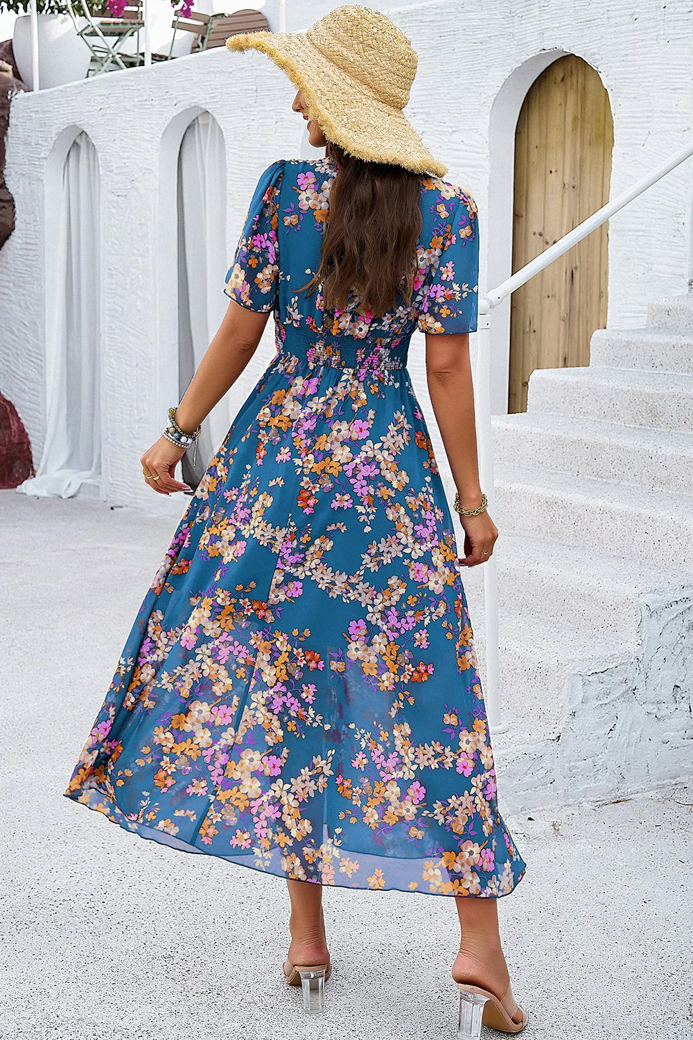 Smocked Floral V-Neck Short Sleeve Dress, image 24