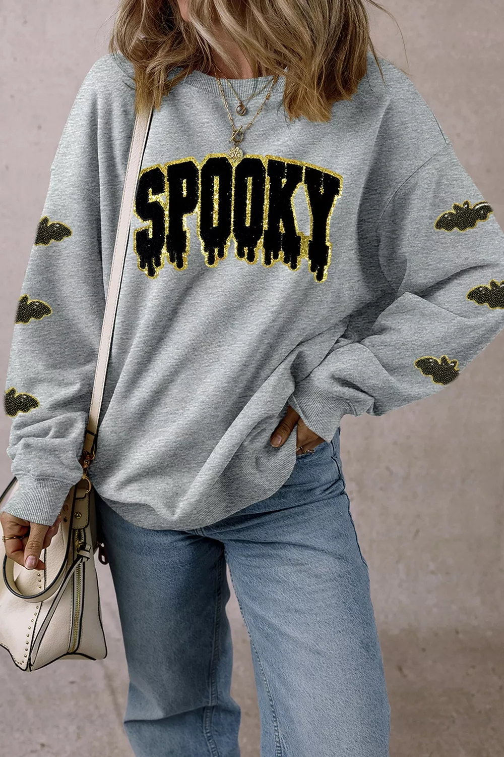 Sequin SPOOKY Halloween Bat Embellished Sleeve Pullover Sweatshirt, image 3