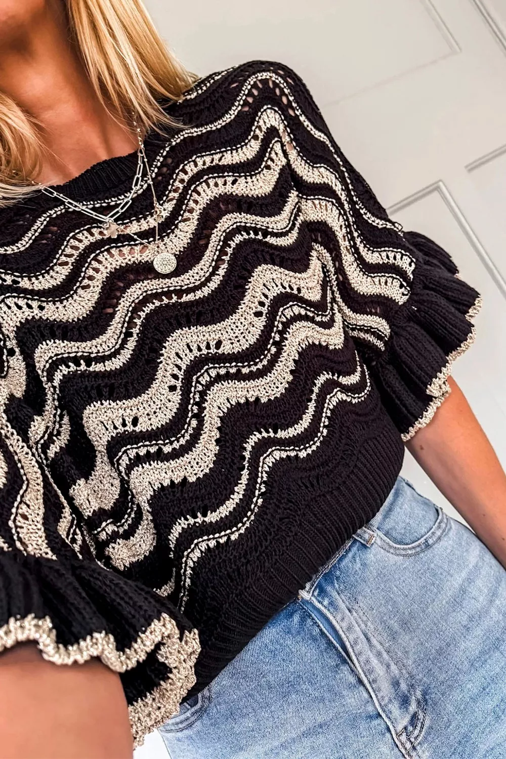 Wave Pattern Ruffle Sleeve Sweater, image 4