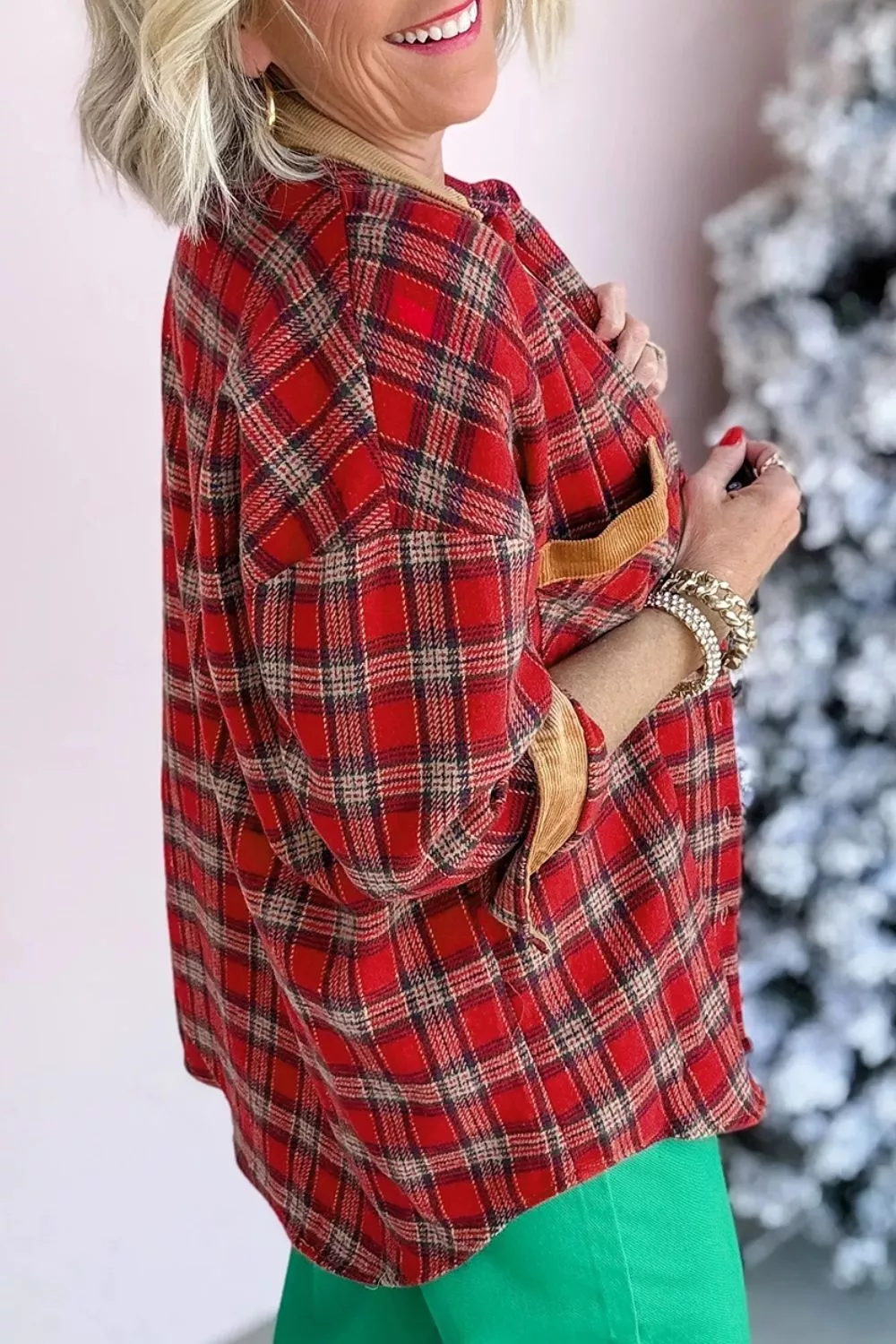 Plaid Corduroy Trim Dropped Shoulder Shacket, image 3
