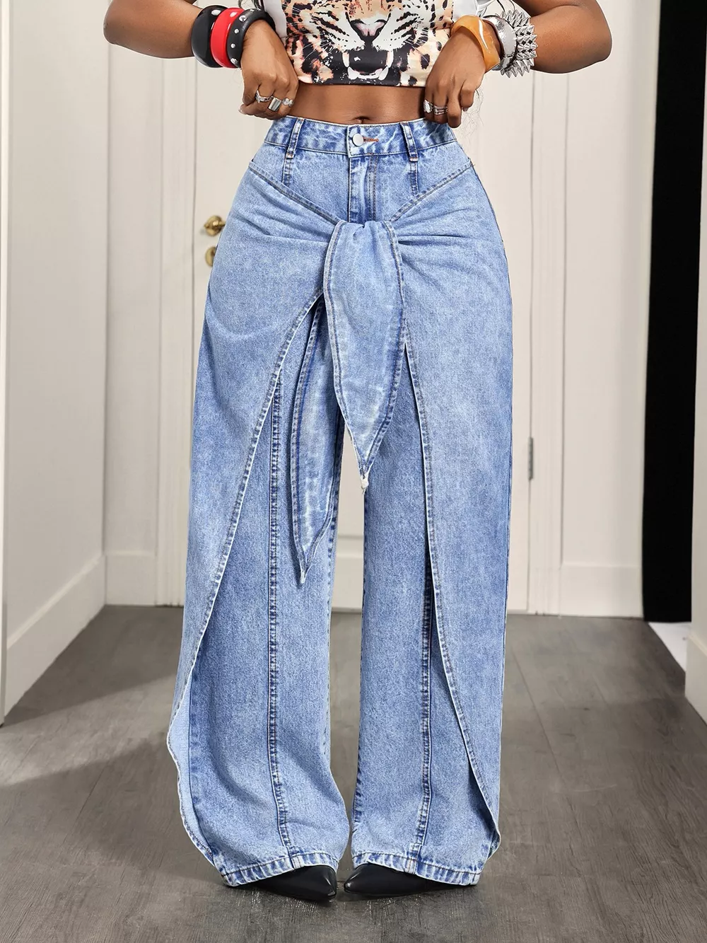 High-Waisted Ruffled Wide-Leg Jeans, image 3