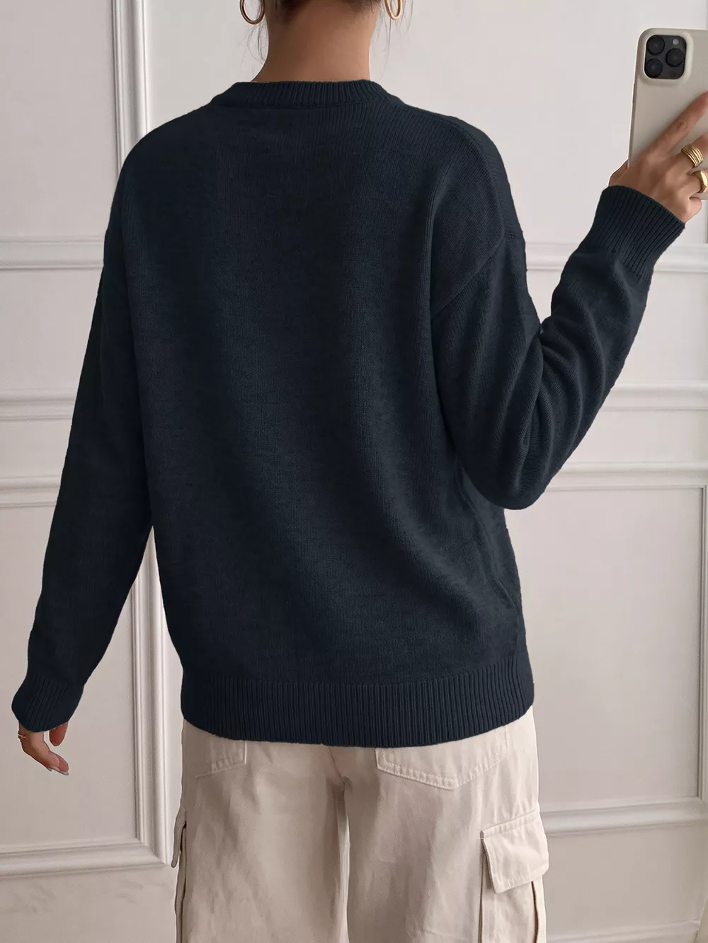 Dropped Shoulder Decorative Button Sweater, image 12