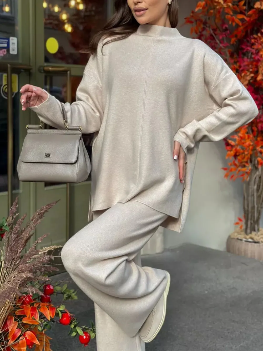Slit Mock Neck Top and Pants Sweater Set, image 4