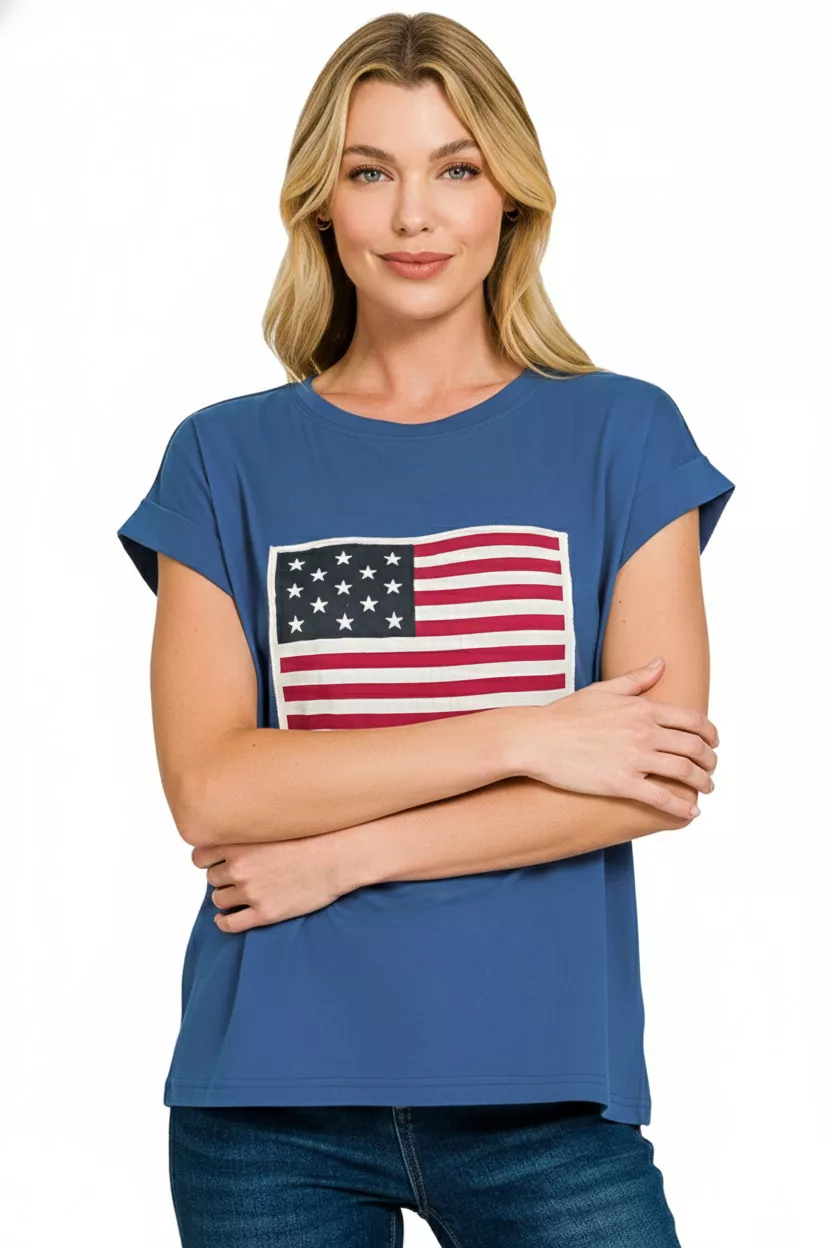 Full Size US Flag Round Neck Short Sleeve T-Shirt Plus Size, image 3