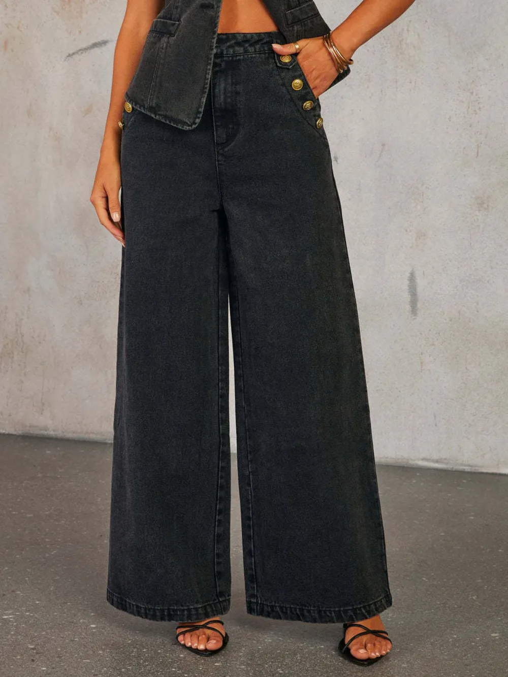 Button Down Vest and Wide Leg Jeans Denim Set, image 8