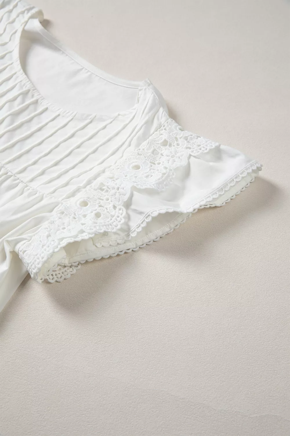 Lace Detail Flutter Sleeve Pleated Round Neck Blouse, image 14