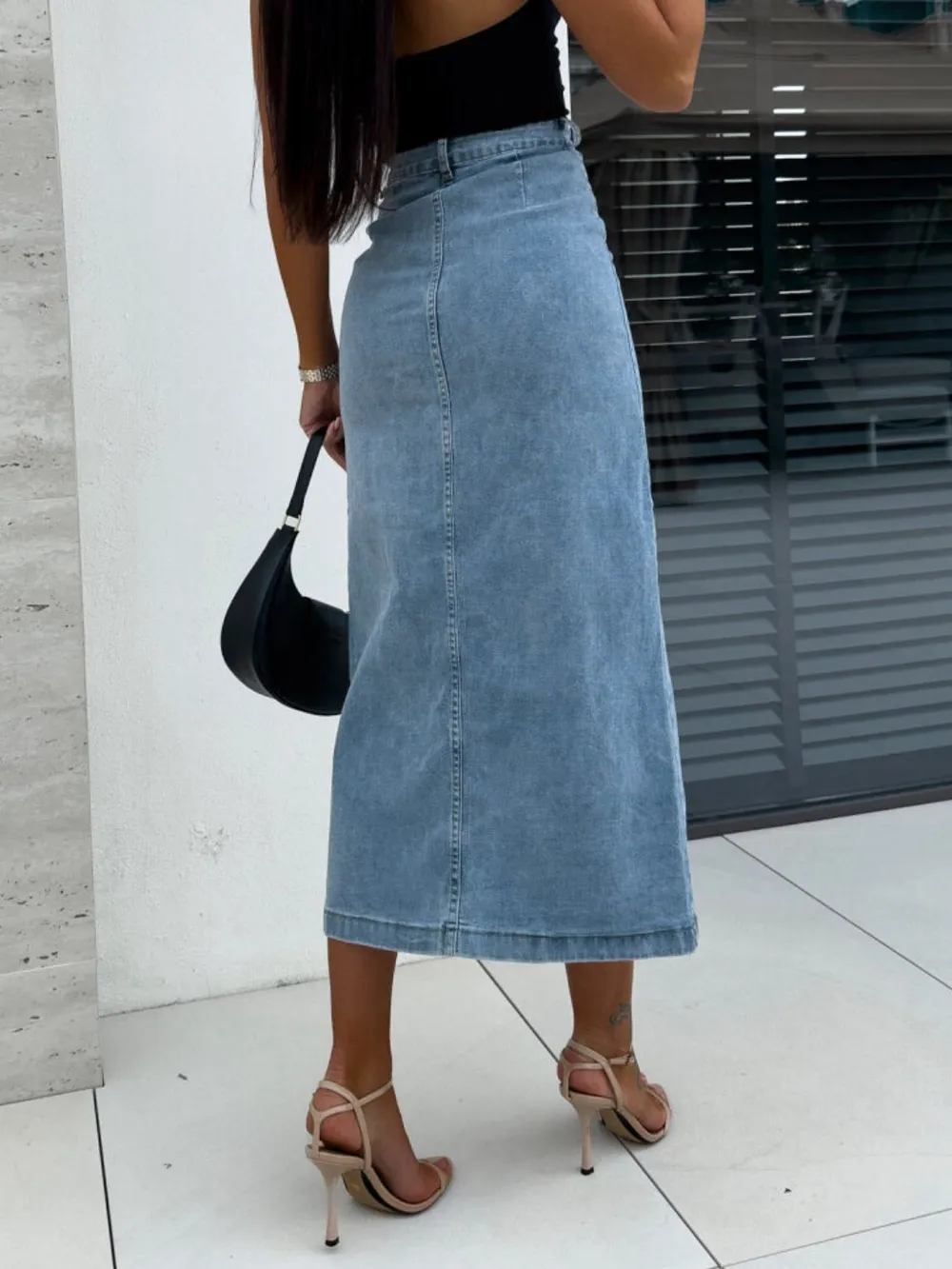Front Button Slit Midi Denim Skirt, image 16