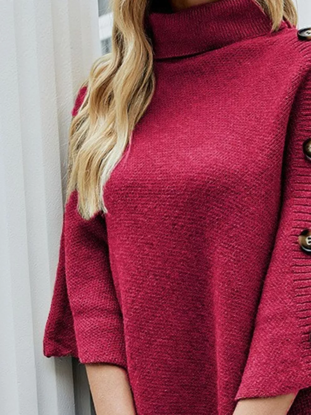Button-Decor Turtleneck Poncho Pullover, image 16