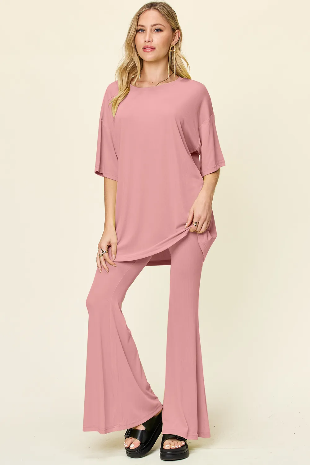 Full Size Round Neck Drop Shoulder T-Shirt and Flare Pants Set, image 23