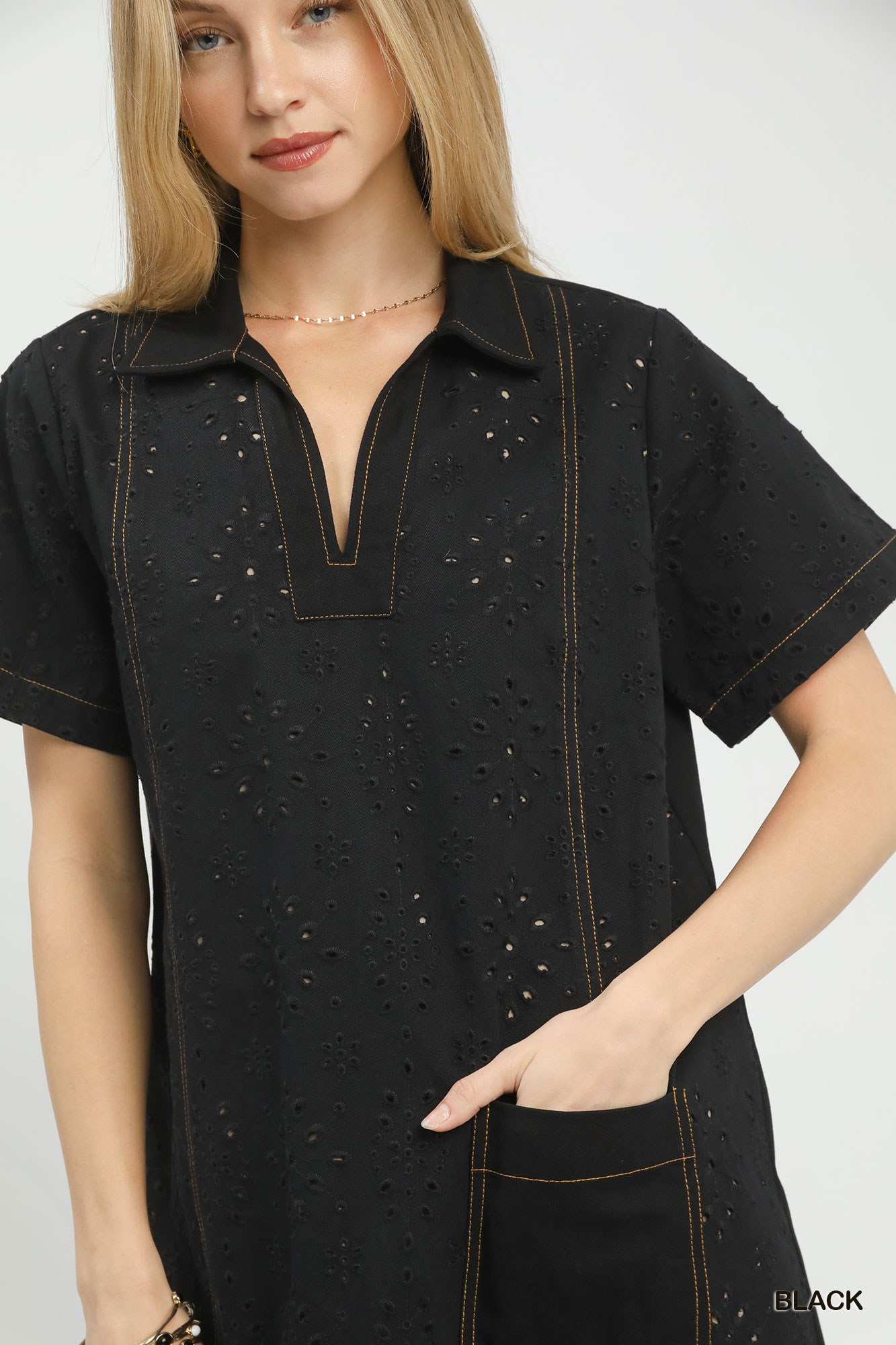 Eyelet Short Sleeve Shift Dress with Pocket, image 6