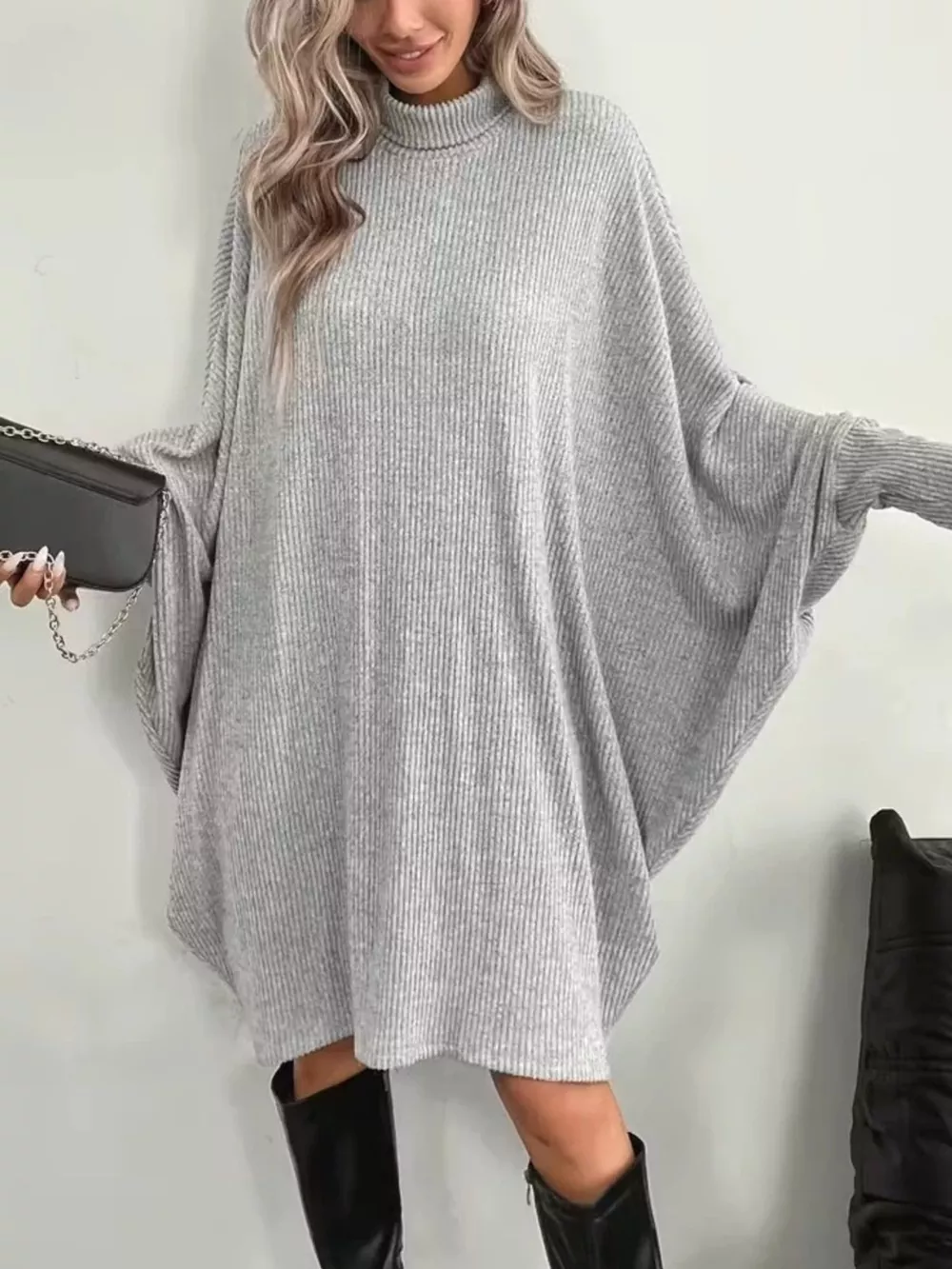 Oversized Batwing Sleeve Ribbed Knit Turtleneck Dress, image 2