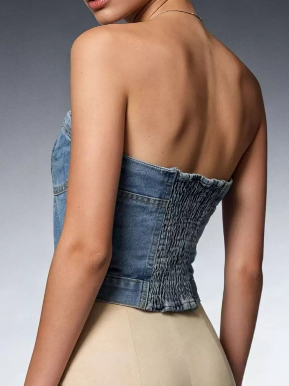 Button-Front Denim Tube Top, image 11