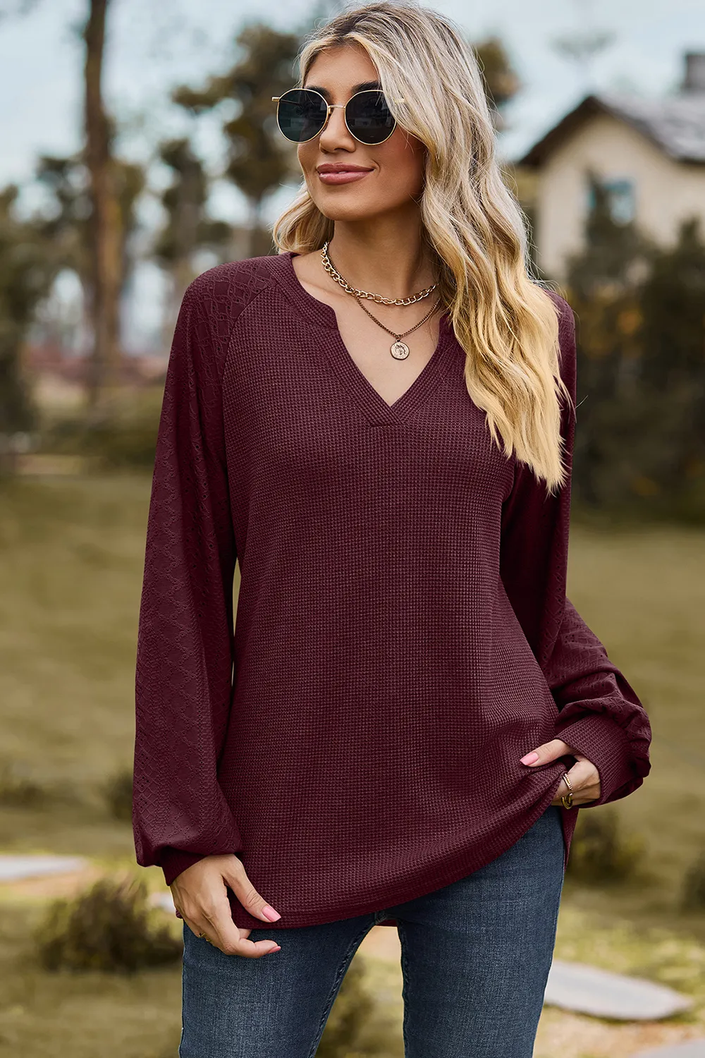Eyelet Notched Raglan Sleeve T-Shirt, image 4