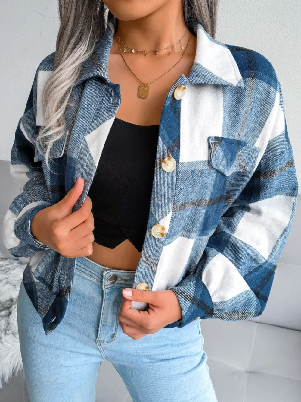 Plaid Collared Neck Long Sleeve Jacket, image 24