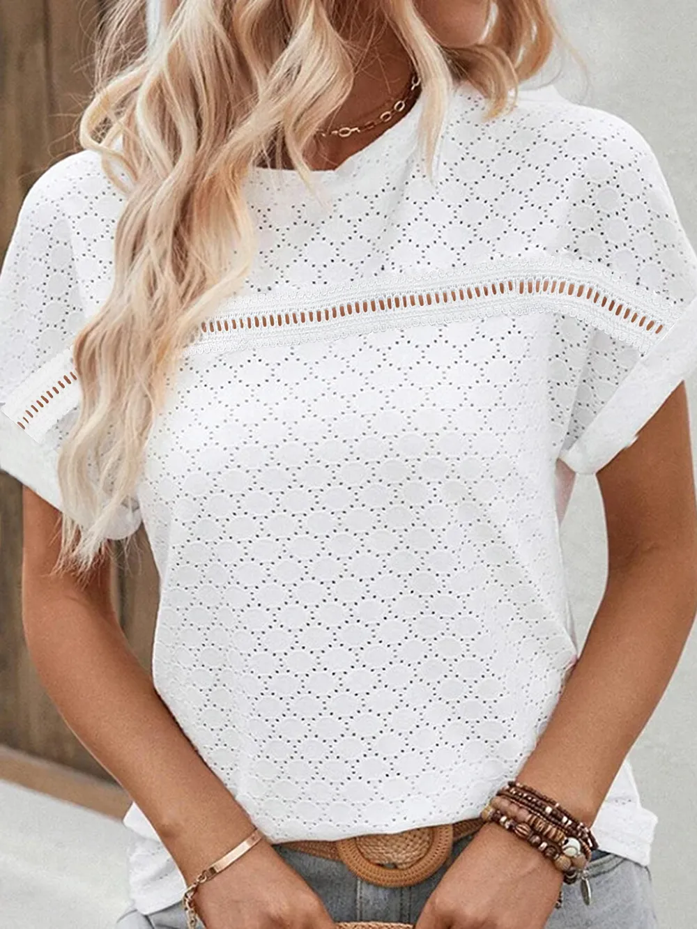 Eyelet Round Neck Short Sleeve Blouse, image 3
