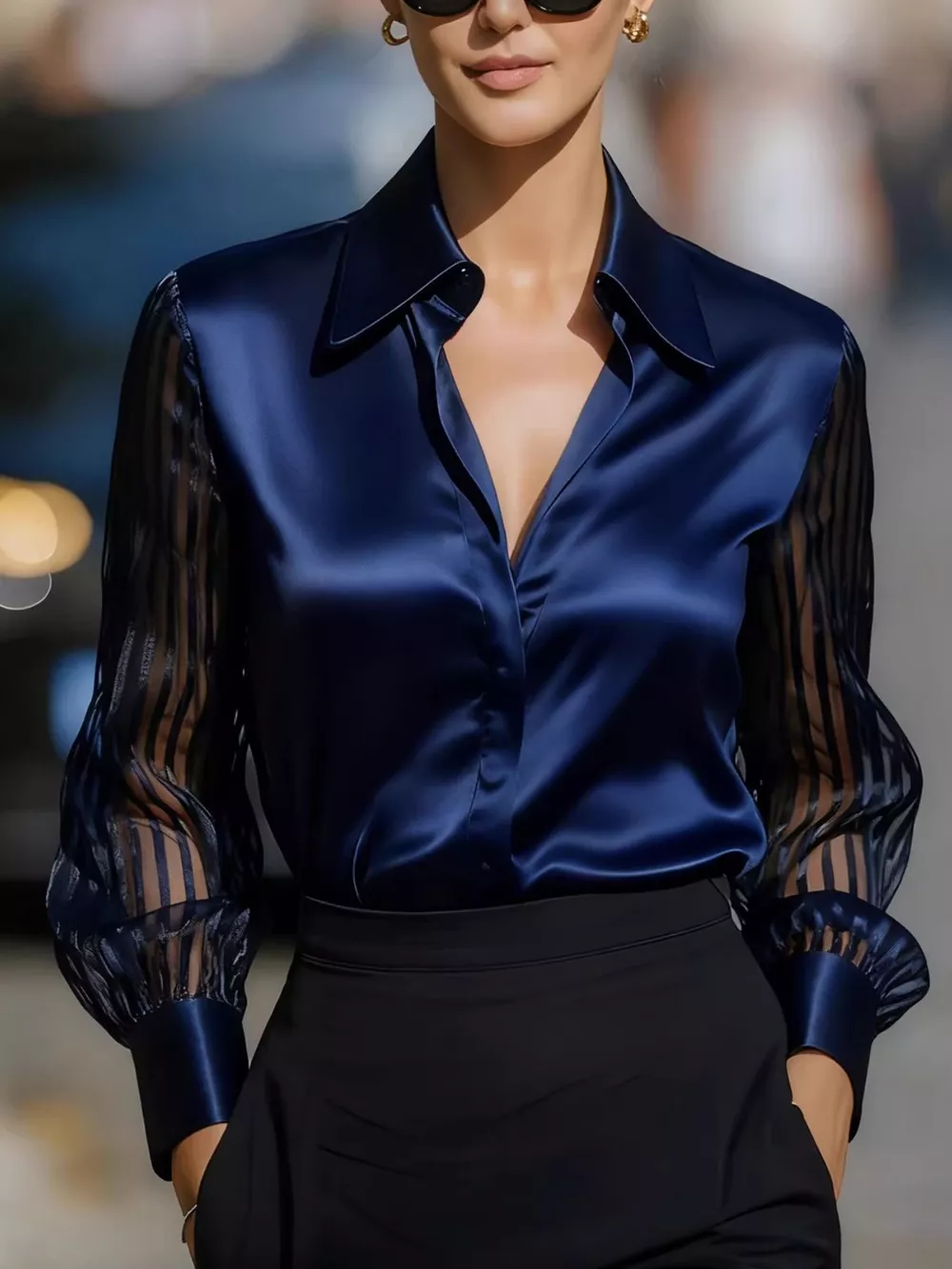 Elegant Shirt with Sheer Striped Sleeves, image 5