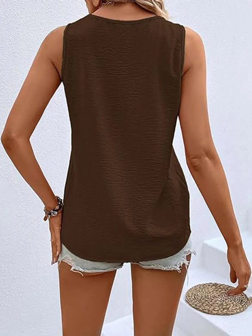 Full Size Decorative Button V-Neck Tank, image 21