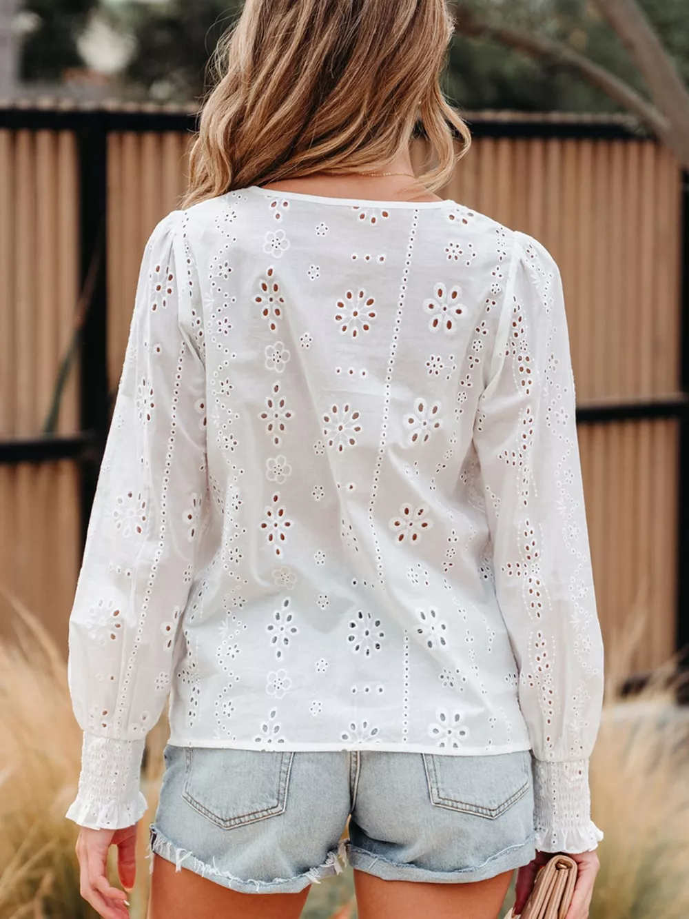 Eyelet Embroidered Smocked Cuff Sheer Blouse, image 3