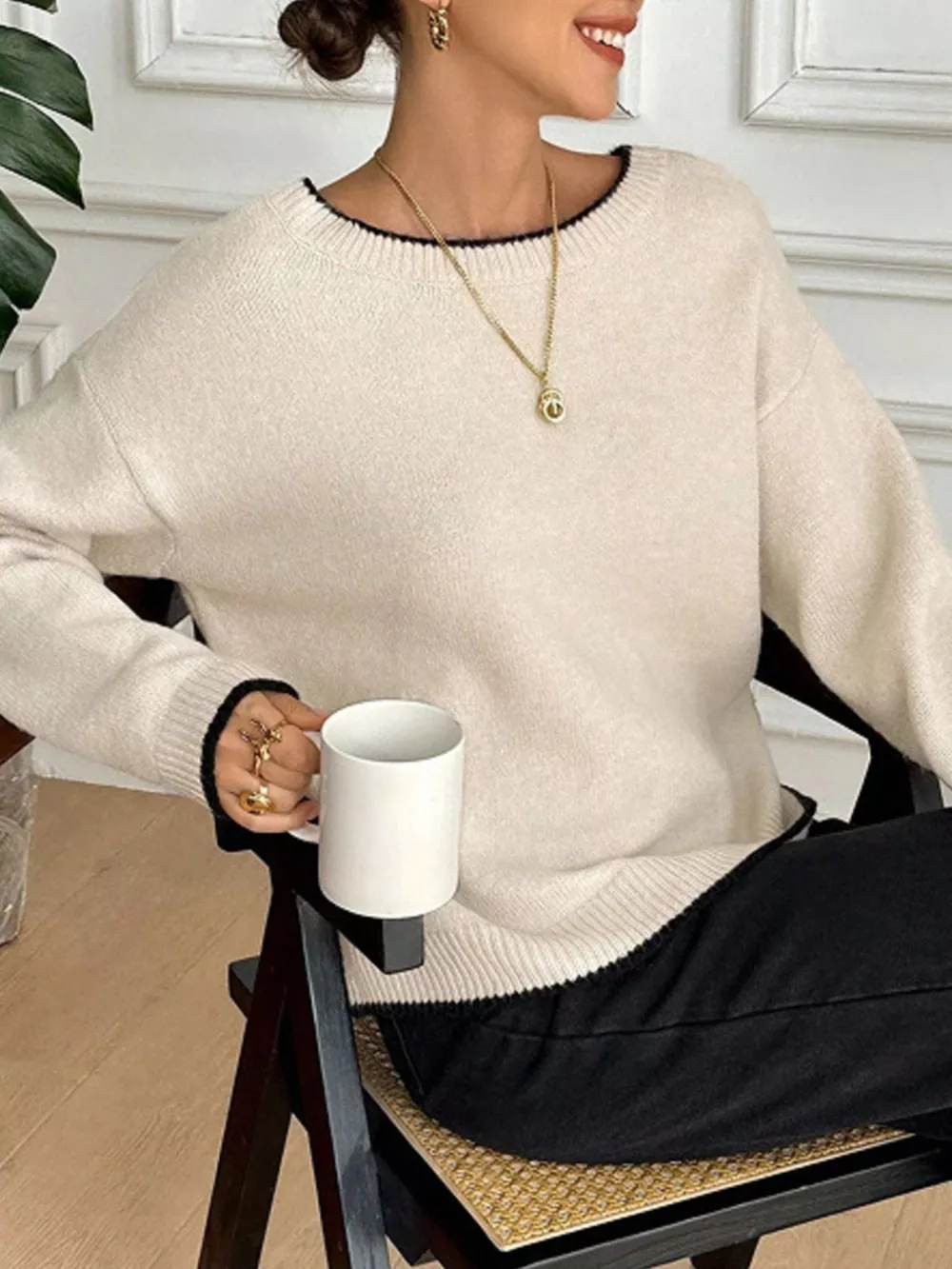 Back Bowknot Decor Round Neck Sweater, image 2