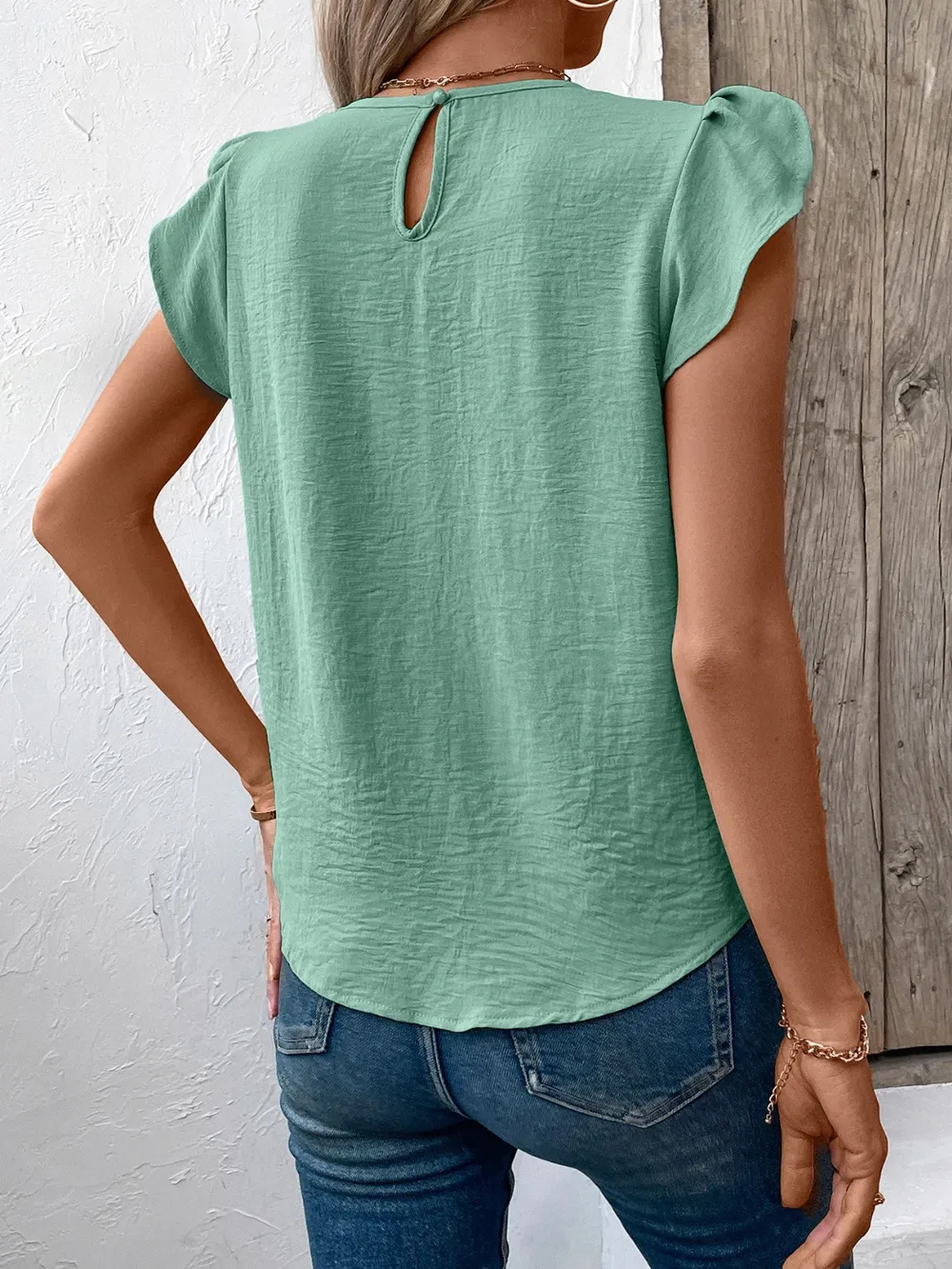 Ruched Round Neck Cap Sleeve Blouse, image 3