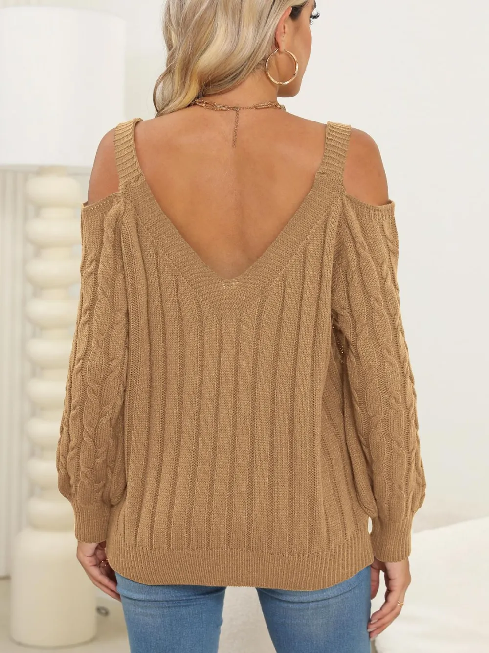 Cable-Knit V-Neck Long Sleeve Sweater, image 5
