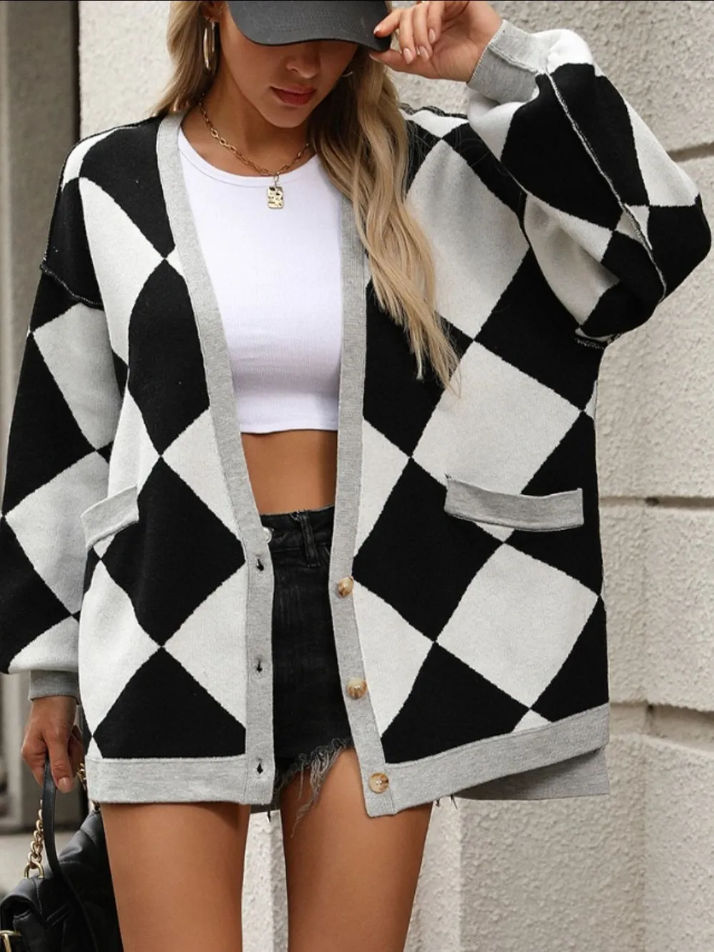 Checkered Dropped Shoulder Long Sleeve Cardigan, image 5