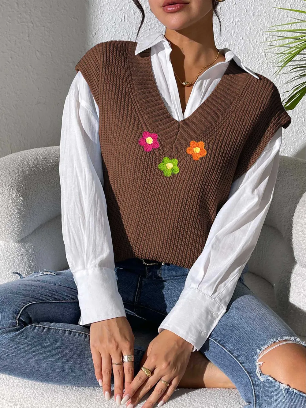 Flower V-Neck Sweater Vest, image 10