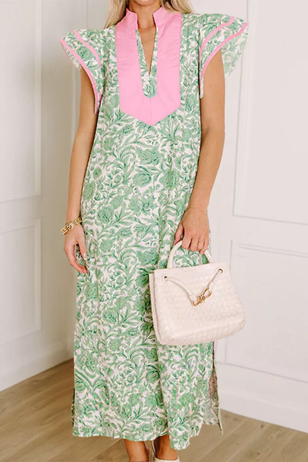 Contrast Trim Flutter Sleeve Floral Midi Dress, image 3