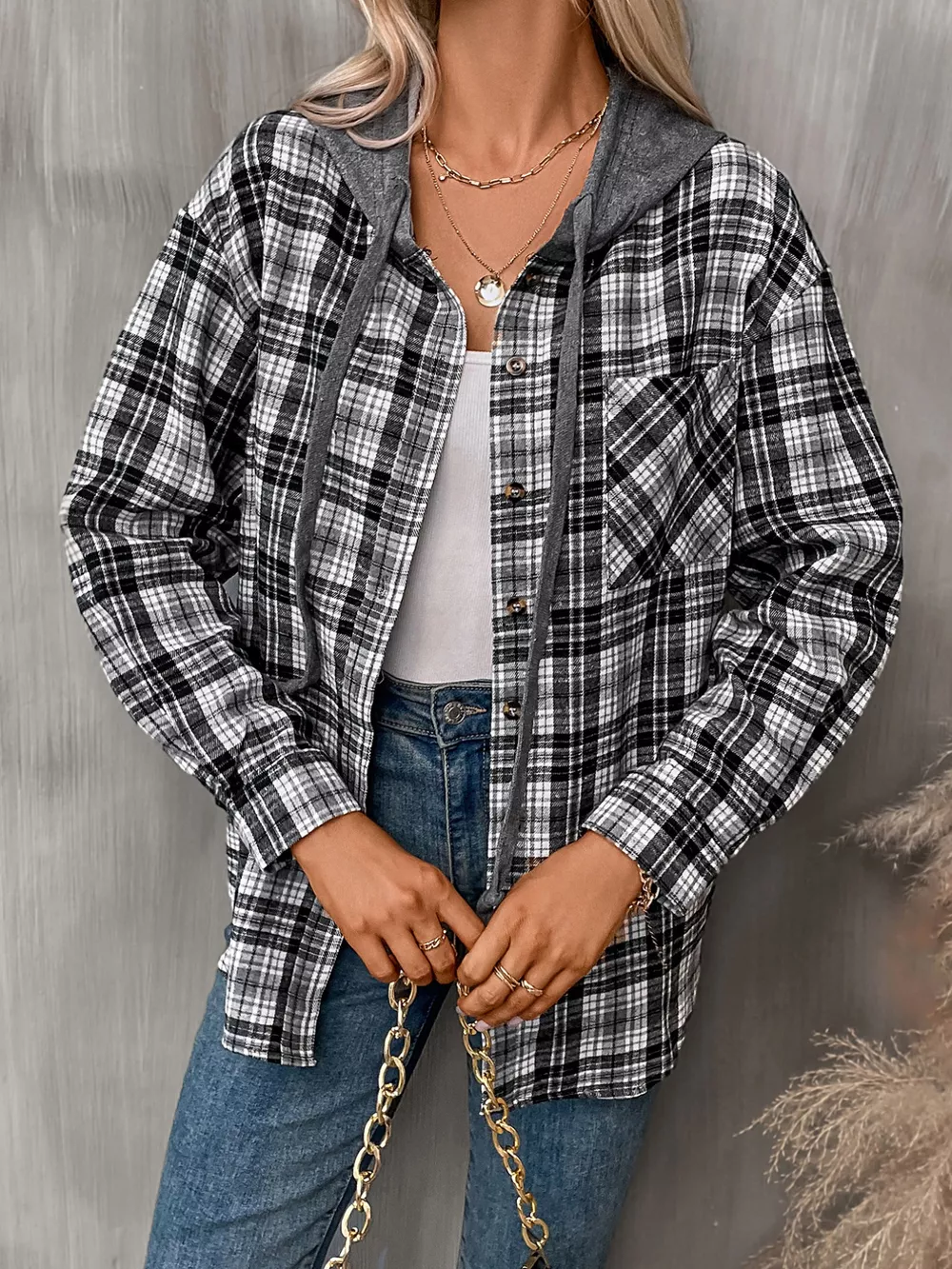 Plaid Button-Up Hooded Shirt with Chest Pocket, image 33