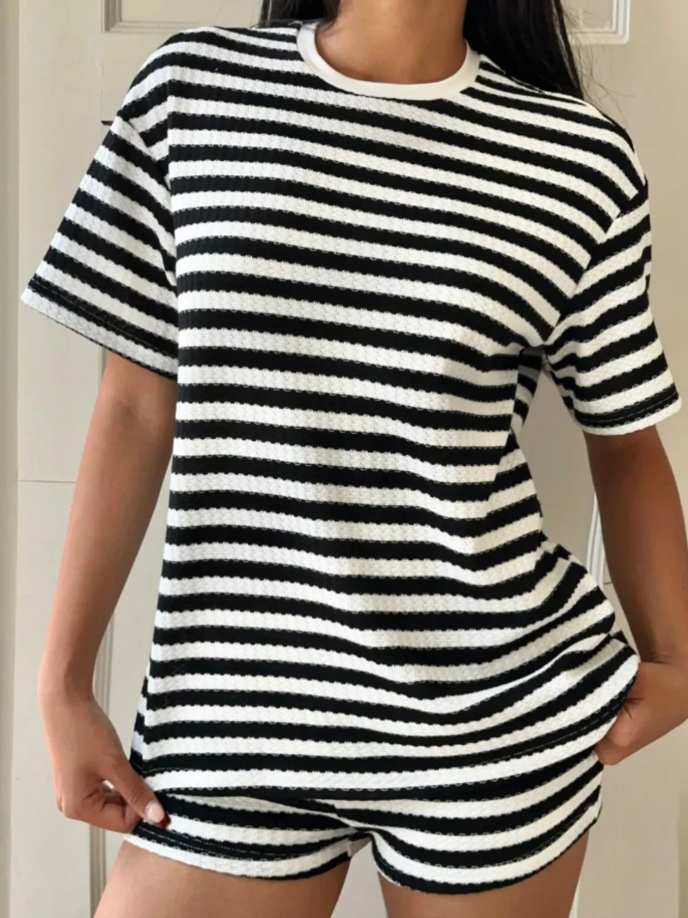 Striped Round Neck Top and Shorts Set, image 7