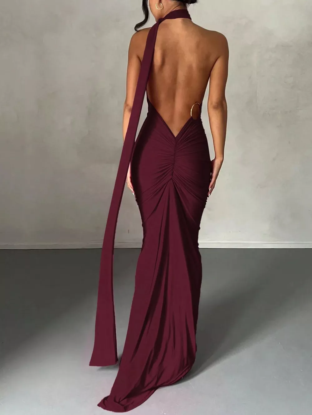 Backless One-Shoulder Ruched Bodycon Maxi Dress, image 36