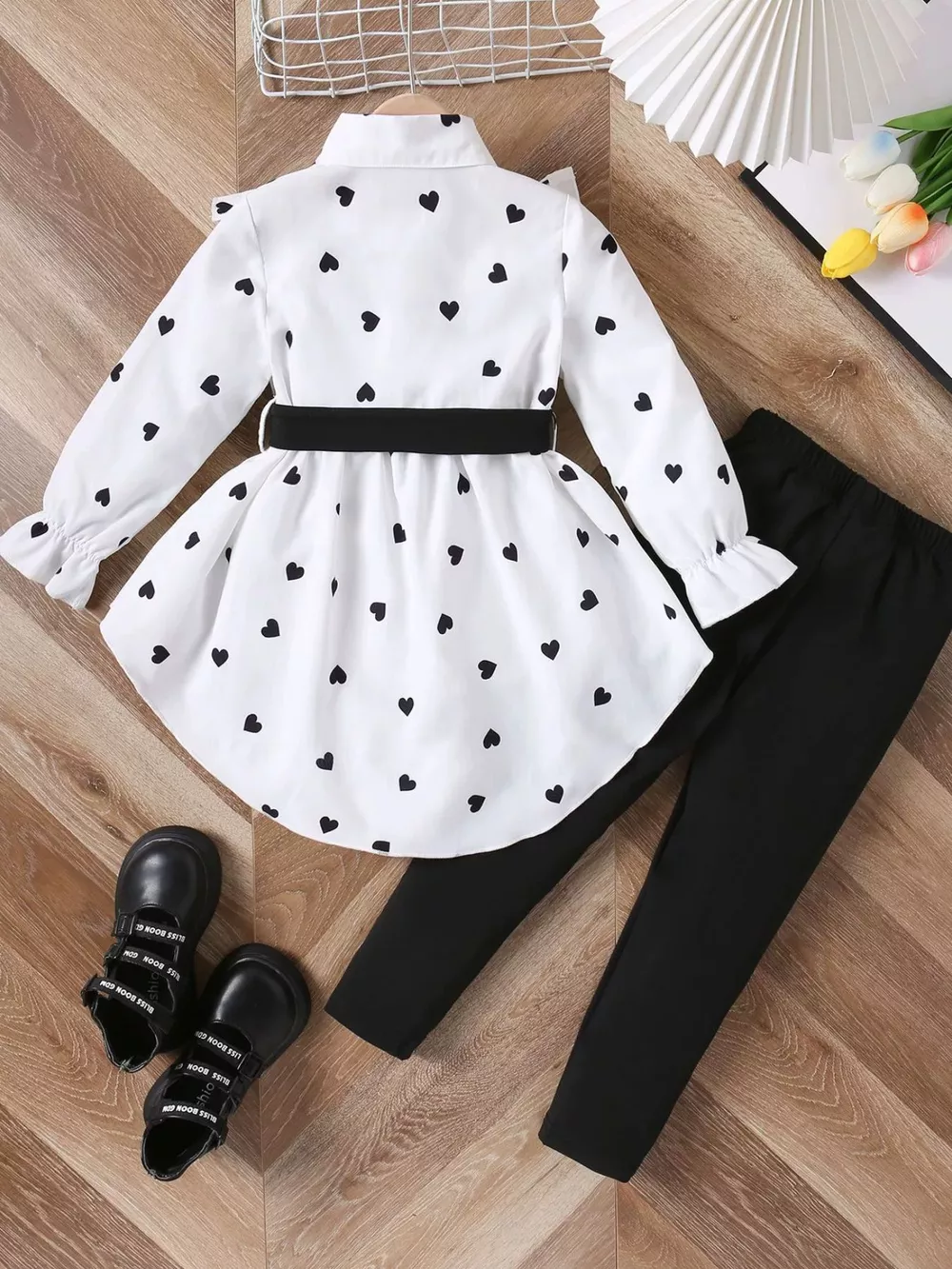 Children's Heart Print Ruffle Trim Shirt & Pants Set with Tie, image 6