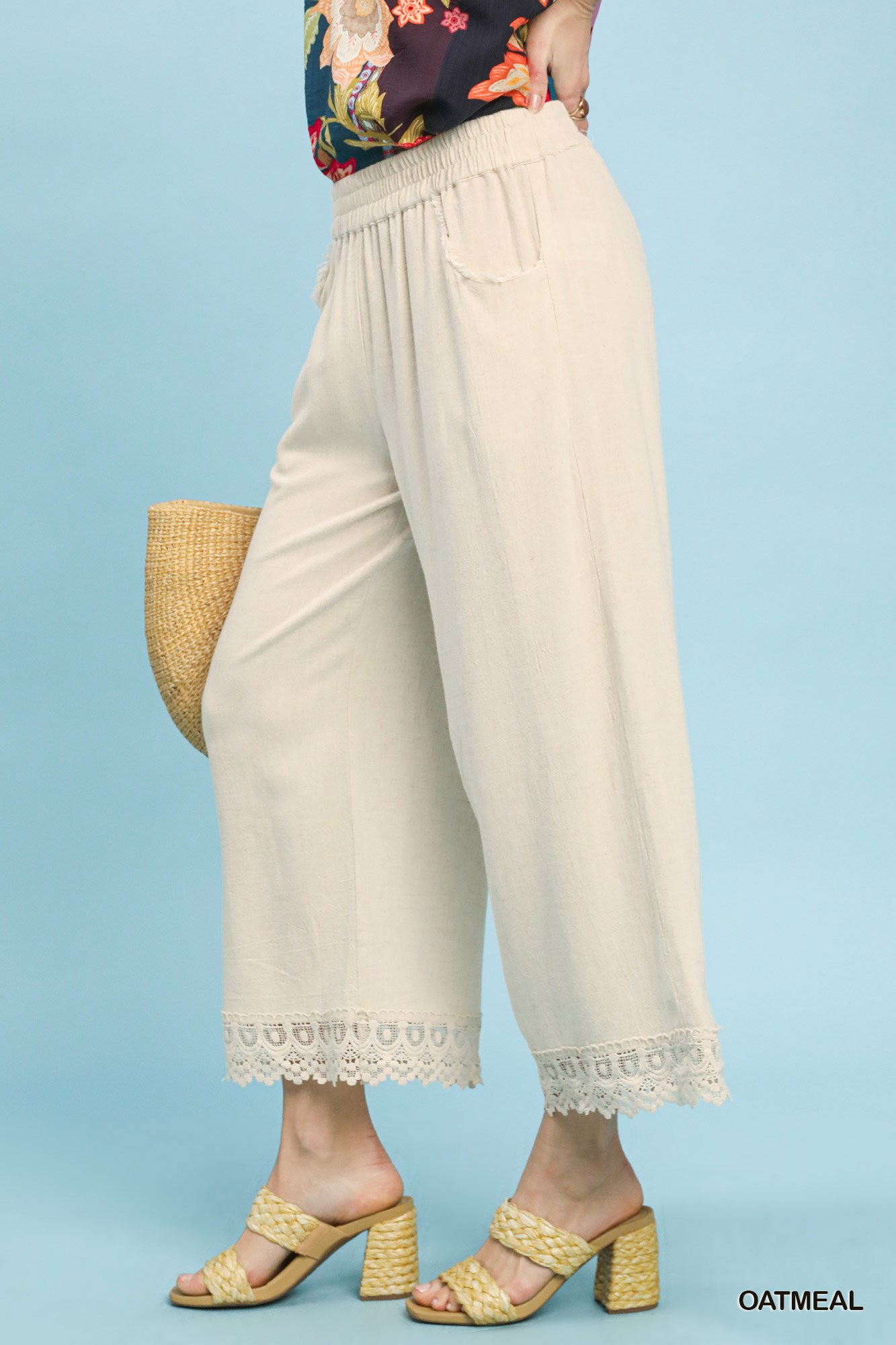 Linen Wide Leg Cropped Pants with Lace Trim, image 5