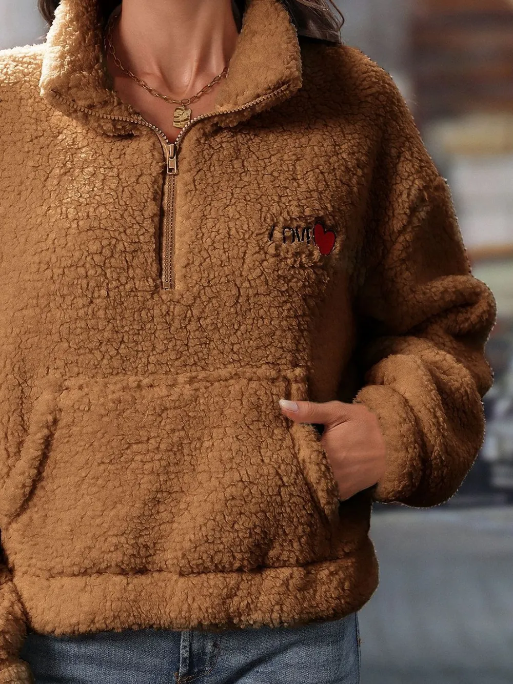 Heart Half Zip Long Sleeve Teddy Sweatshirt, image 8