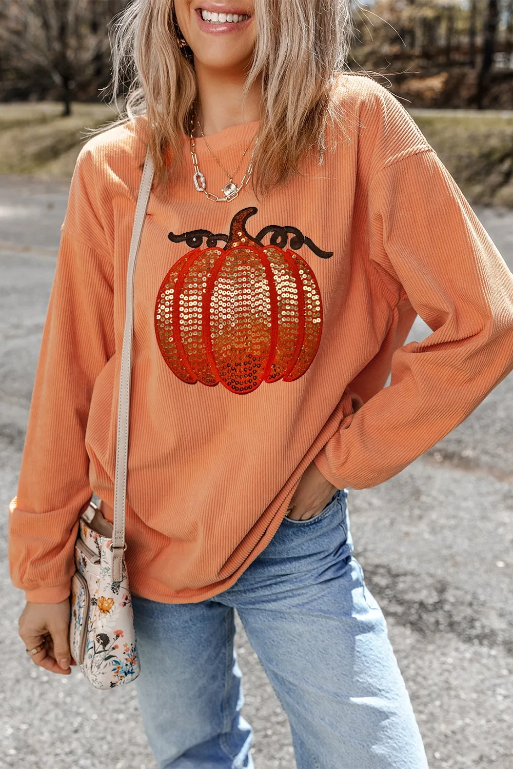 Sequin Pumpkin Round Neck Long Sleeve Sweatshirt, image 8