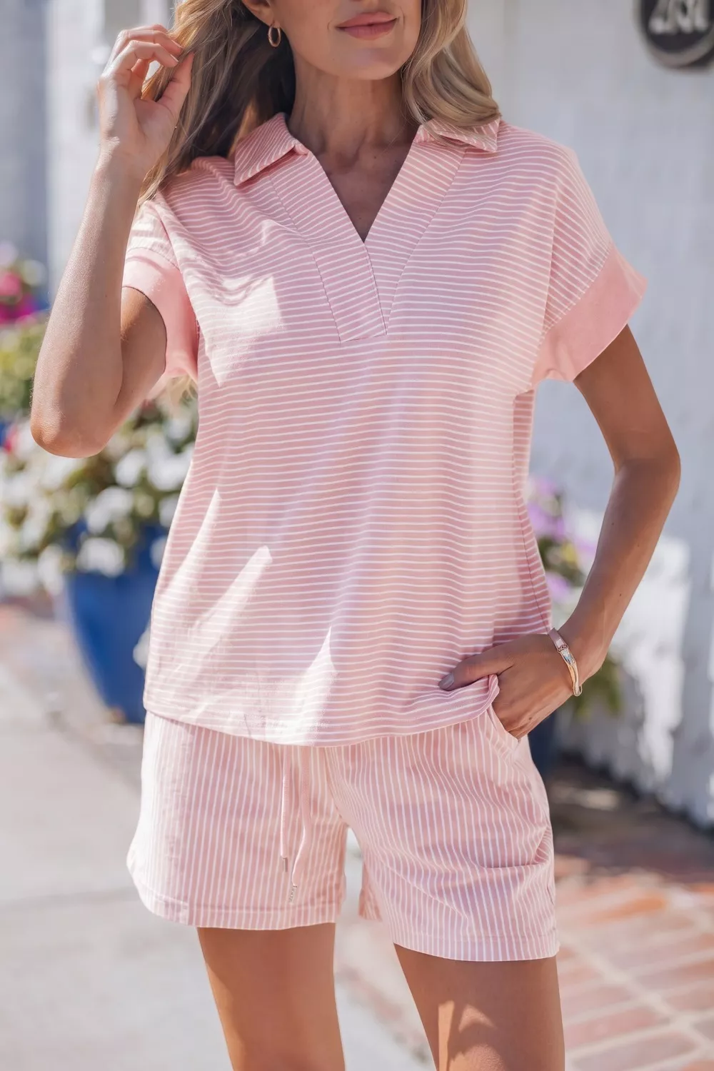 Stripe Dolman Sleeve Polo Shirt and Drawstring Shorts Set, image 2