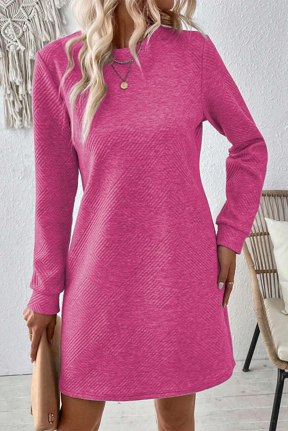 Textured Round Neck Long Sleeve Mini Dress, image 13