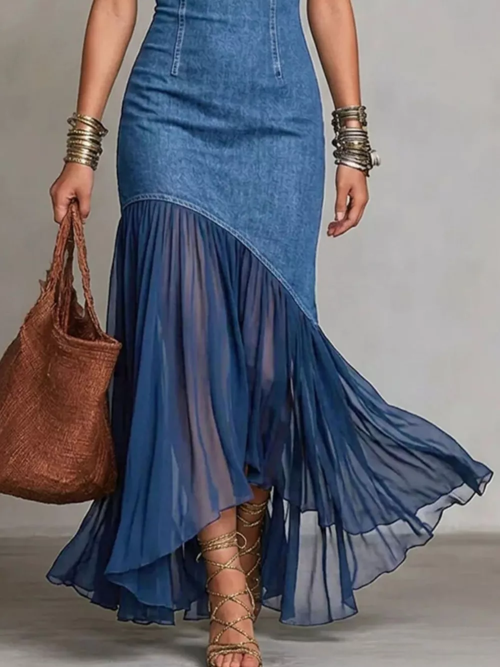 Mock Neck Cold Shoulder Ruffle Hem Maxi Dress, image 6
