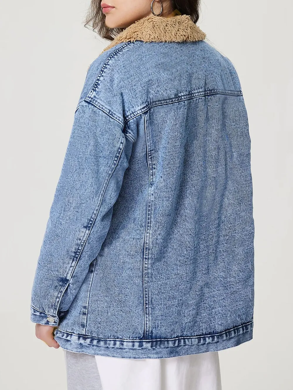 Button Up Collared Neck Plush Denim Jacket, image 2
