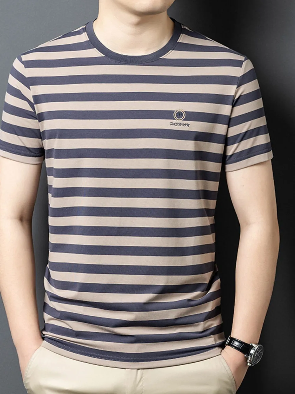 Men's Plus Size Striped Round Neck T-Shirt, image 3