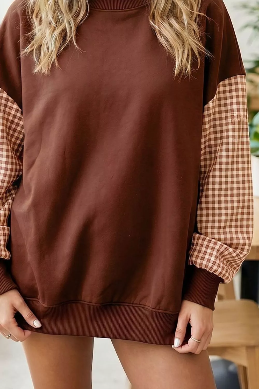 Plaid Sleeve Colorblock Loose Tunic Sweatshirt, image 4