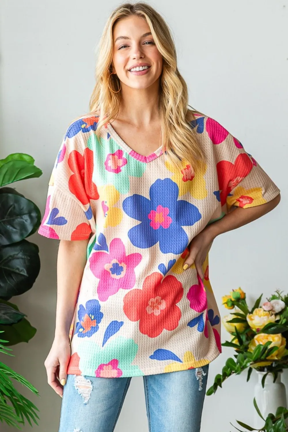 Full Size Floral V-Neck Side Slit T-Shirt, image 4