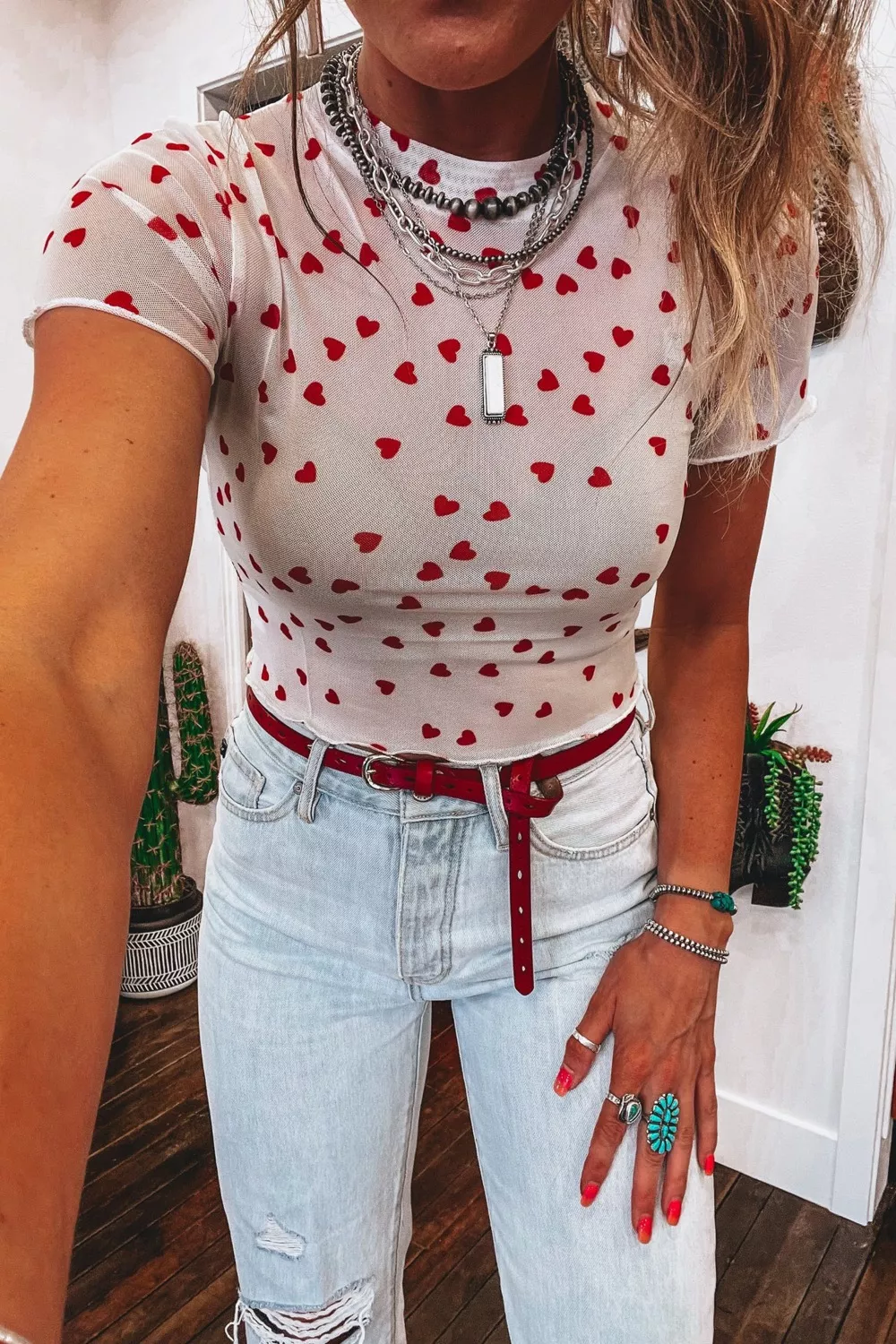 Sheer Heart Print Fitted Top, image 20
