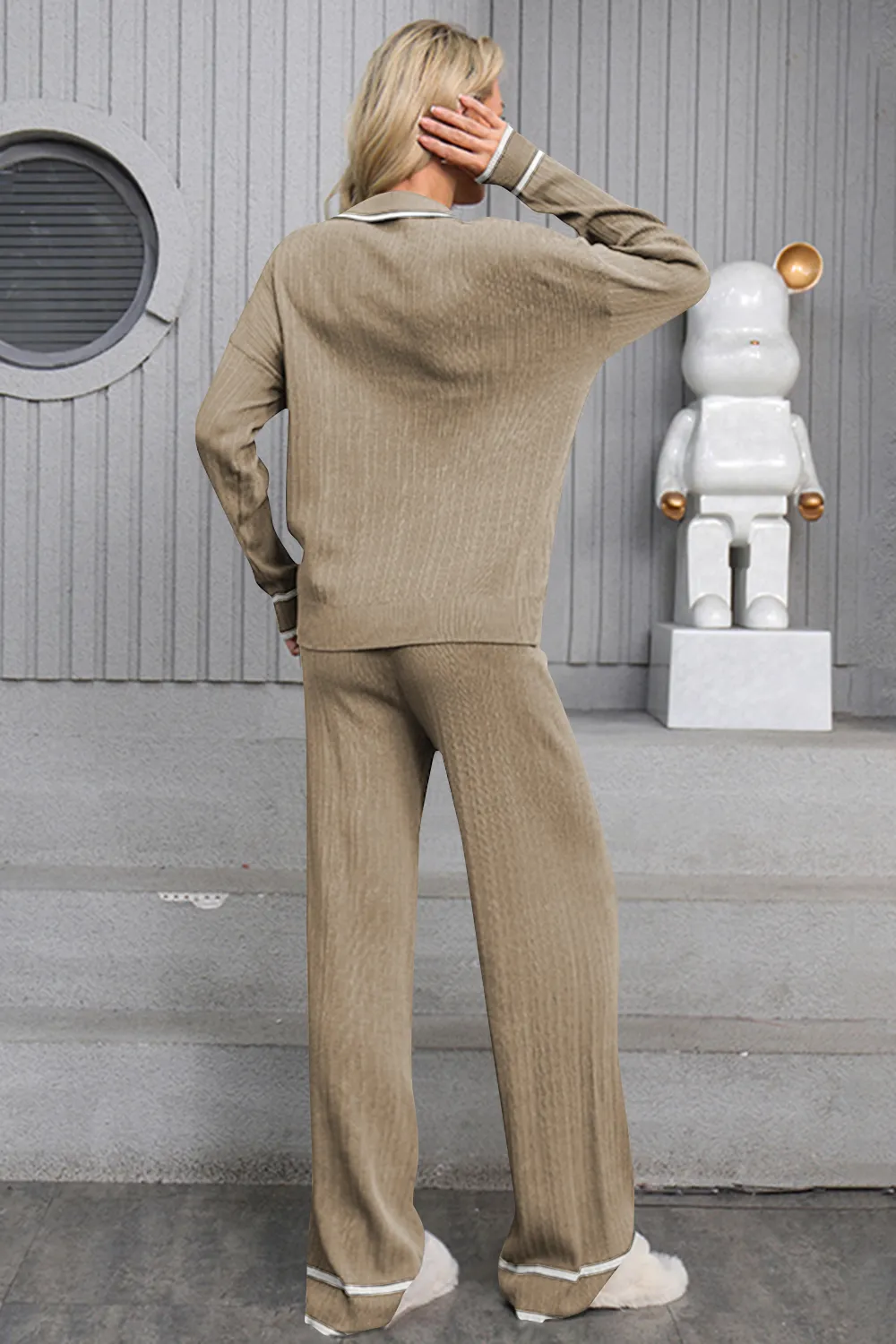 Contrast Trim Johnny Collar Top and Drawstring Pants Sweater Set, image 11