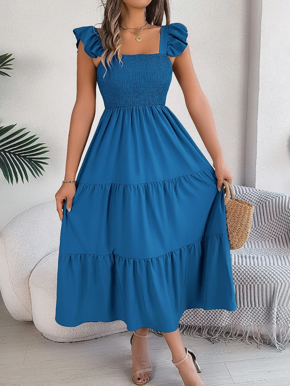 Smocked Square Neck Cap Sleeve Midi Dress, image 29