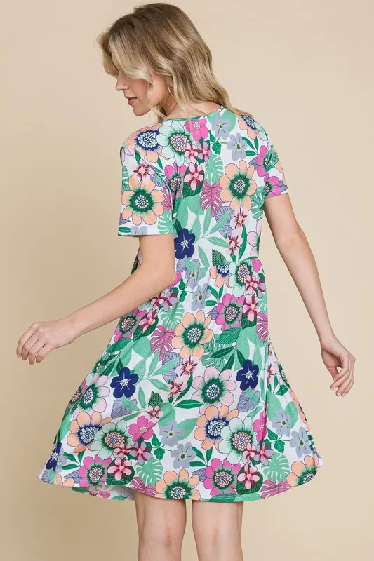 Ruched Floral V-Neck Short Sleeve Dress, image 4