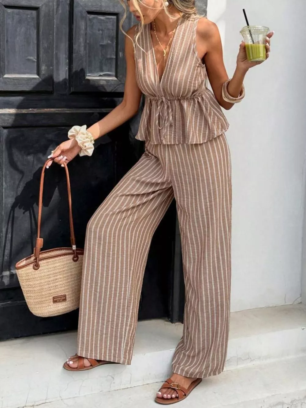 Striped Sleeveless Top and Wide Leg Pants Set, image 2